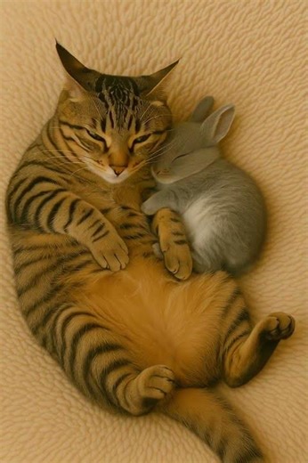 Rabbit & Cat Snuggling Together Sleeping#top #cat#Rabbit