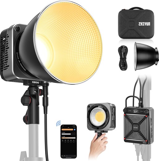 Zhiyun LED Video Light MOLUS G200 COB 200W Bowens Mount Continuous Output Light,Bi-Color 2700K-6500K,Peak Brightness 61500Lux w/ZHIYUN Reflector,ZY Vega App Control for Video Photography Live Stream