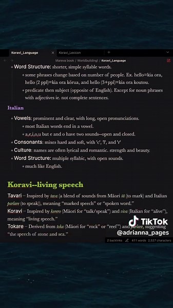 A little peak into how I’m building the Koravi language. Obsidian is basically my entire writing brain at this point 👀. #worldbuilding #writersoftiktok #fantasywriter #booktok #obsidianmd