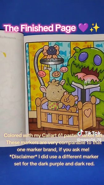 These Caliart pastel markers are so smooth and vibrant! Such cute spring colors! And I love the way the wood turned out on the floor, and even more so, the crib! #springtok #coloringcommunity #colortok #caliartmarkers #spookymomentscoloringbook #spookymoments #coloringbook