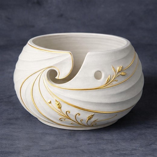 Yarn Bowl Ceramic, Gold Accent Yarn Holder, Knitting Crochet Bowl, Elegant Craft Organizer - Etsy