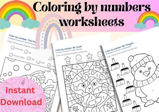 Color by Number Worksheets for Kids Coloring Pages Activity Preschool Paint by Numbers Learning PRINTABLE - Etsy