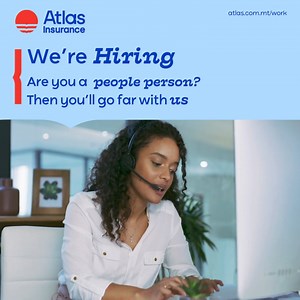 Are you a people person? 🌟 Join Team Atlas! At Atlas Insurance, you’ll find a supportive team within a stable and respected company. We offer excellent employee benefits, opportunities for training and development, and a flexible work environment. If you're passionate about customer service and eager to grow, we want you! 🙌 Join us and take your career to the next level. Apply online at www.atlas.com.mt/work-and-grow | Atlas Insurance