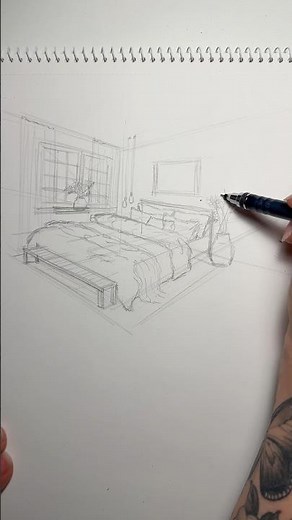 2-point perspective drawing of a bedroom #interiordesign #sketch #drawing #design #designinspiration