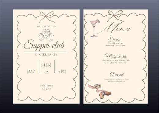 Editable Supper Club Dinner Party Bundle With Invitation, Menu, Place Cards, and More. - Etsy