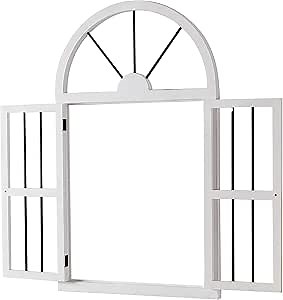 Sintosin Rustic Arched Window Frame Wall Decor with Shutters 25 x 42 Inch, Hanging Distressed White Window Pane Wall Decor, Farmhouse Faux Windows for Walls, Wood and Metal Cathedral Wall Art