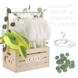 Wooden Baby Shower Crate Closet, Baby Shower Basket with Handle & Rack Hangers & Garland & Letter Cards Wooden Crate for Baby Shower Gifts Toy Storage Box Welcome Newborn Parents Party (Wood Color)