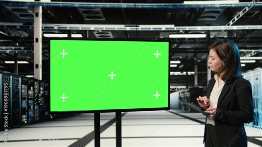 Mockup monitor, AR control panel and admin in data center configuring rigs. Adjusting hardware settings, green screen display and employee in server farm using holographic overlay, camera A