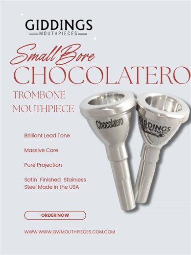 Some mouthpieces blend in. This one cuts through. The Chocolatero Small Bore Trombone Mouthpiece was built for players who live in the lead chair — where clarity, projection, and confidence are non-negotiable. Inspired by the compact brilliance of a Bach 12, this design takes that familiar foundation and pushes it further with a refined medium-shallow cup and optimized backbore for modern lead demands. The result is a sound that’s bright, focused, and immediate — yet backed by a surprising amoun
