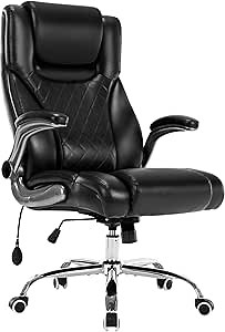Executive Office Chair - High Back Computer Chair with Adjustable Lumbar Support and Flip-Up Arms - PU Leather with Spring Cushion (Black)