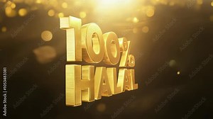 A gold colored sign that says 100 halal. The sign is surrounded by a blurry background