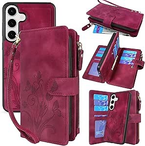 Lacass Case Wallet for Samsung Galaxy S25 6.2 inch, [12 Card Slots] ID Credit Cash Holder Zipper Pocket Detachable Leather Wallet Cover with Wrist Strap Lanyard（Floral Wine Red）