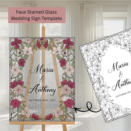 Faux Stained Glass Wedding Sign Template Cherry Blossom, Elegant DIY Design, Customizable Decor for Your Wedding Celebration - Etsy