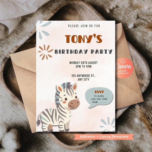 Zebra Birthday Invitation, Editable Canva Template (5x7), Printable Download - Etsy