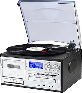 9 in 1 Record Player with Dual External Speakers,3 Speeds Turntable with Bluetooth,3.5mm Headphone Jack Vinyl Player with CD/Cassette,AM/FM Radio,USB/SD Player, Brown