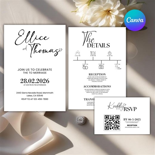 Simple Digital Wedding Invitation Template, Editable Modern Canva Design, Clickable RSVP Form, Countdown Timer, Instant Invite Download - Etsy