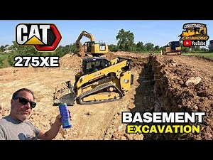 CAT 275 CTL Skid Loader & Excavator Digging a Basement for a New House Construction.