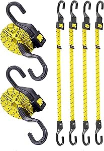 6 Pcs 48 Inch Flat Adjustable Bungee Cords with Hooks, 3X Faster to Adjust The Length, Lucky Straps Black/Yellow Heavy Duty Bungee Straps for Cargo, Bike, Cart, Tent, Truck, Camping, Outdoor, etc