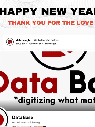 Hi, on behalf of The Database, we would like to wish you a prosperous New Year. In 2025, our channels grew across all our social media platforms — TikTok, Instagram, and Facebook reaching over 90,000 followers. This growth was only possible because of you ,your support, engagement, and belief in our content. Thank you for being part of this journey. We look forward to bringing you even more insightful, educational, and engaging content in the year ahead. Happy New Year, and thank you for being w