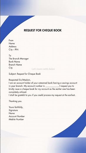 Request for Cheque Book | Letter Writing in English | Formal Letter #cheques #banking #letterwriting