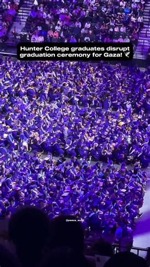 Peace Exists on Instagram: "Hunter college graduates seen chanting "free Palestine" during their graduation ceremony. They staged a walk out rally during their graduation ceremony and were met with cheers and applause from the audience and peers. Hunter is part of CUNY (City University of New York). CUNY has not divested from Israeli companies, and has explicitly stated it will not participate in any form of Boycott, Divestment, and Sanctions (BDS) activity. While CUNY's Professional Staff Congr