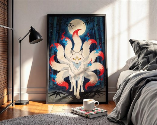 Kitsune Nine Tailed Fox Poster, Japanese Mythology Wall Art, Ukiyo-e Fantasy Print, Asian Home Decor, Anime Bedroom Decor, Unique Gift Idea - Etsy