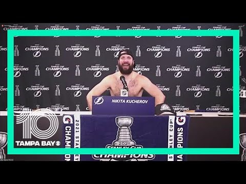 WATCH: Shirtless Nikita Kucherov drinks Bud Lite during Stanley Cup press conference