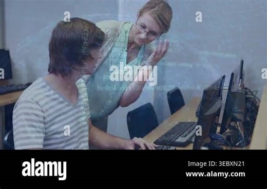 Animation of data processing over caucasian female teacher and teenage boy using computer. School, education, learning with technology concept digitally generated video Stock Video Footage - Alamy