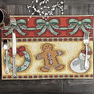 DaDa Bedding Gingerbread Snowman Sweets Placemats - Set of 4 Festive Christmas Wreath Holiday Tapestry - Cotton Linen Woven Dining Table Mats - 13” x 19” (12917)