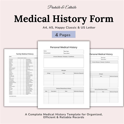 Personal Medical History Form, Medical Records, Family Health History, Medical Information, Healthcare Planner, Medical Intake Form, 4 Sizes - Etsy