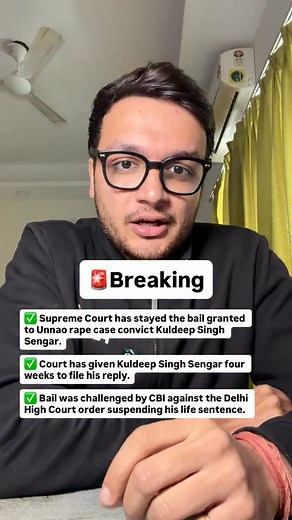 Prafful Garg on Instagram: "The Supreme Court of India has put a stay on the bail granted to Kuldeep Singh Sengar, who is serving a life sentence in the 2017 Unnao rape case. The bail was earlier granted by the Delhi High Court after suspending his life sentence. This order was challenged by the Central Bureau of Investigation, which argued that granting bail to a convicted rapist in such a serious case undermines justice and sends a wrong message. The Supreme Court has now issued a notice to Ku