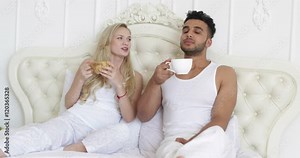 young couple drink coffee in bed, happy smile woman man lovers, love romantic morning