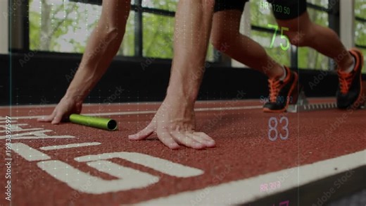 Vertical video: Runner reaching baton, placing hands on block with AR metrics animating for sprint
