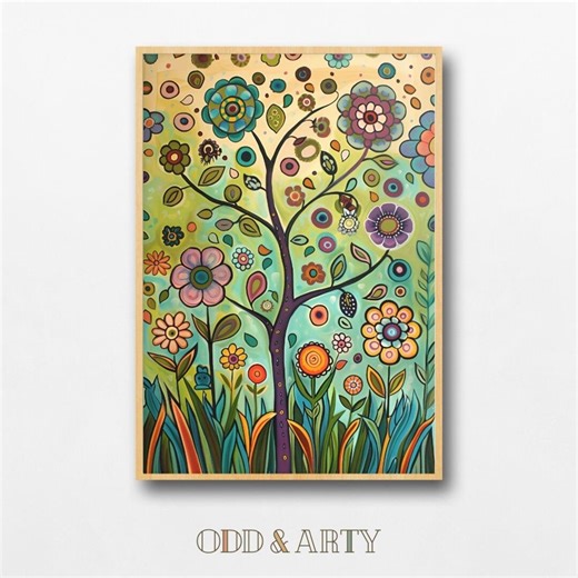 Whimsical Swirly Folk Art Tree With Flowers Printable Digital Download - Etsy