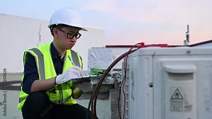 Refrigeration and Air Conditioning Engineering Detects Plant Cooling Problems,electrician maintenance Condensing on the rooftop outdoors of large industrial building,engineer under checking the indust