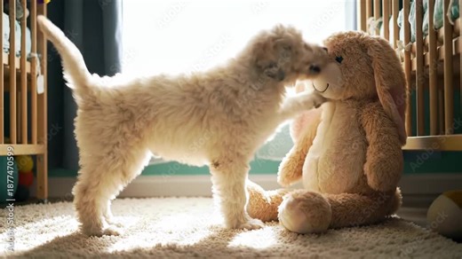 Cute puppy with big stuffed bunny near crib, sunny light, adorable puppy, toy, pet, dog, indoors, animal, domestic.