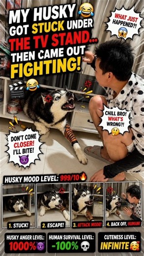 My Husky Got Stuck Under the TV Stand… Then Came Out Fighting! 😂🐶 | Funny Dog