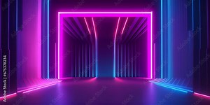 Abstract neon background with colorful beams of light. Futuristic studio concept with bright laser animation and reflective floor. Seamless loop.