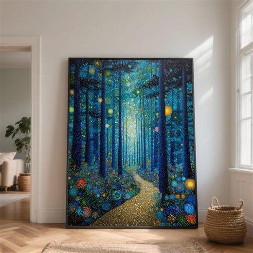 Pointillism Forest Canvas Art, Blue Yellow Dots, Magical Woods Decor - Etsy
