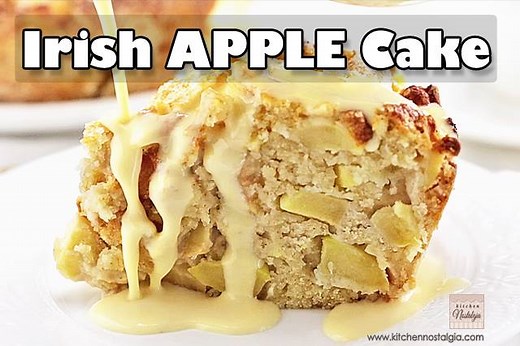 Irish APPLE Cake with Custard Sauce!! PRINTABLE RECIPE: http://www.kitchennostalgia.com/desserts/cakes/irish-apple-cake-custard-sauce.html Irish Apple Cake with Custard Sauce - traditional recipe with video instructions. | Kitchen Nostalgia