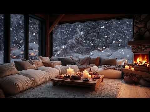 Relaxing Piano with Snowfall Outside and Warm Fireplace Inside | Relax and Sleep