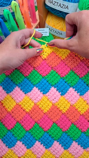 Naztazia on Instagram: "Crochet Entrelac, in this tutorial from Naztazia, is made using Tunisian crochet simple stitch. For this sample, groups of 5 loops are drawn up then removed in groups of 2. #crochet #knitting #artist #yarn #tunisiancrochet #makersgonnamake #tutorial #crocheting #patchwork #naztazia #reels"