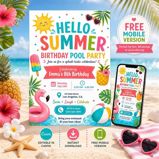 Summer Pool Party Birthday Invitation, Editable Canva Template, Kids Printable Pool Party Invite, Hello Summer Invite, Free Mobile Version - Etsy