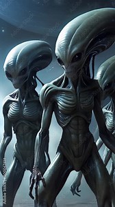 aliens with elongated heads and dark sleek bodies standing against comic background with a dark, eerie environment scene from an alien invasion or a science fiction thriller