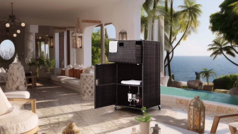 Outdoor Towel Rack for Pool Outdoor Pool Towel Storage Cabinet with Shelf & Drawer Pool Towel Holder with Rolling Wheels Hot Tub Towel Rack W/Waterproof Cover Poolside Towel Valet Caddy for Spa Brown