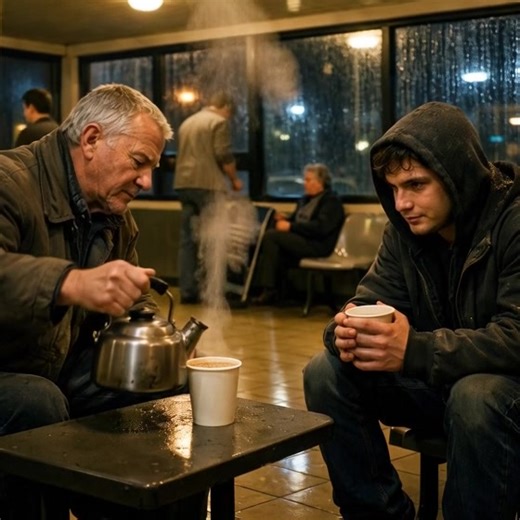 Marek never planned to stay late at the train station. He was sixty-eight, retired from repairing elevators, and only took the evening volunteer shift because the days felt too long now. His wife had died three winters ago, and afternoons stretched like empty hallways. So twice a week, he wore his old brown jacket and sat in the station’s side waiting room, pouring tea for anyone who wanted it. The room was nothing special. Cracked tiles. Plastic chairs. A vending machine that hummed louder than