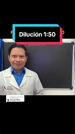 Respuesta a @Macarena Vargas Como preparar una dilución 1:50? Esta notación significa que debemos agregar 1 parte de muestra en 49 partes de disolvente, para tener 50 partes de disolución final (1 49=50). Si no nos piden un volumen final específico es posible usar simplemente esa relación o múltiplos de esas cantidades, sin embargo, cuando el volumen final está definido, debemos realizar una regla de 3 para saber cuánto de muestra tomar y lo que haga falta será el volumen de diluyente. #dilucion