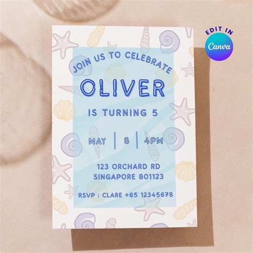Under the Sea Shells Birthday Invitation | Ocean Party Template | Canva Editable | Digital Download - Etsy