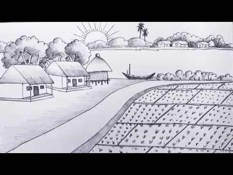 Village Paddy Field Drawing 🌾 | Easy Nature Scenery Drawing for beginners