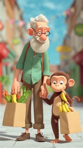 Little Helper Monkey Helps Grandpa Carry Groceries 🍌❤️ | Kids Story #shortsvideo #cartoon #funny